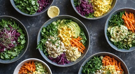 Fototapeta premium collection six bowls different types food arranged dark