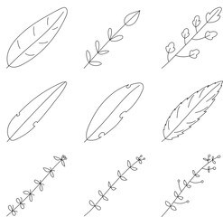 set of floral foliage branch of tree hand drawn doodle illustration black line art 