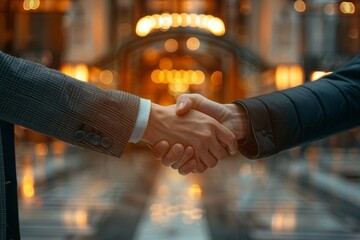 Two businessmen shaking hands in a grand setting, signifying a successful deal.