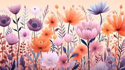 Naklejka premium Vibrant watercolor illustration of a field of blooming flowers in various shades of pink, orange, and purple.