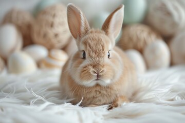Obraz premium Adorable fluffy bunny resting on a soft white surface with Easter eggs and decorations in the background.