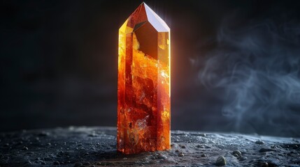 Glowing Amber Crystal on Black Background with Smoke