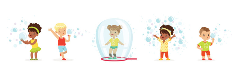 Funny Boy and Girl Playing with Soap Bubbles Vector Set