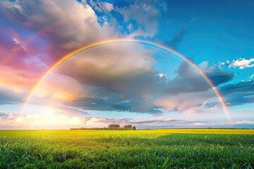 Fototapeta premium Rainbow Arcing Over a Field at Sunset