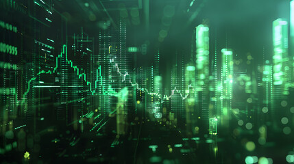 Fototapeta premium Contemporary financial stock market background featuring a green trading chart and cityscape.