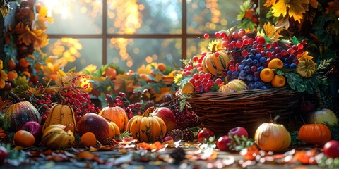 Harvest cornucopia display for National Cornucopia Day, November 20th, autumn abundance, festive setup, seasonal produce