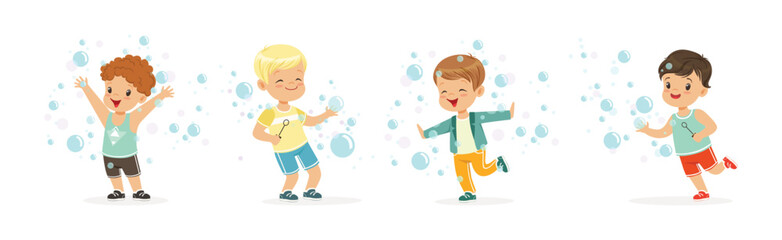 Funny Boy Playing with Soap Bubbles Vector Set