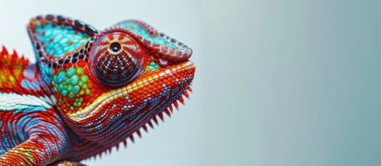 Close up image of a chameleon showcasing intricate details of its skin eyes head and vibrant colors with focus on observing an insect against a plain background with room for text. Copy space image