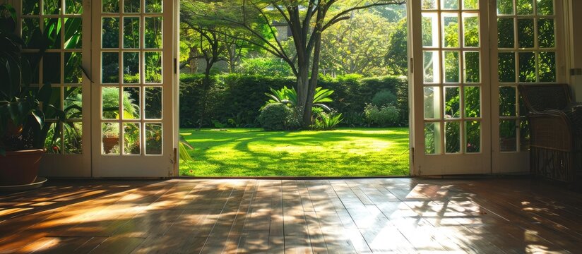 A view from the rear of a house with a wooden deck offering a glimpse of a lush green lawn and tree beyond while a white double door with glass panels provides access to the indoors suitable for a co