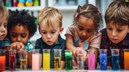 A group of children engaged in a fun science experiment, with colorful liquids and test tubes