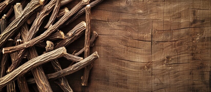 Top down view of dried liquorice root sticks displayed on a wooden surface with room for text in the image. Copy space image. Place for adding text and design
