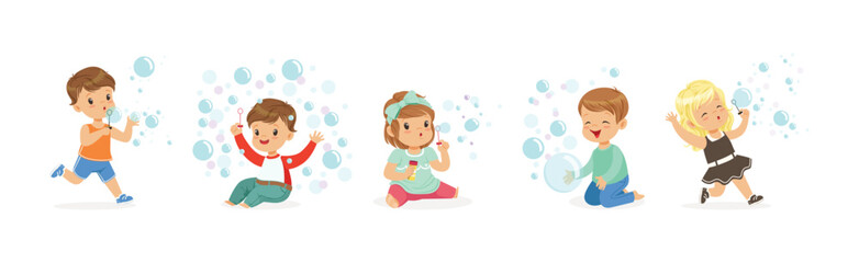 Funny Boy and Girl Playing with Soap Bubbles Vector Set