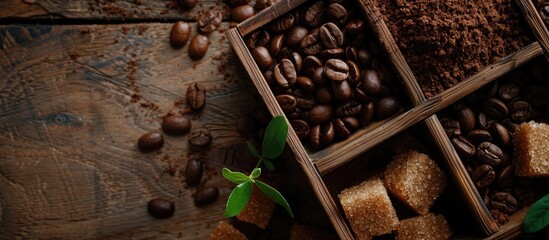Top down view of a wooden box filled with roasted beans coffee grounds and brown sugar ideal for adding your text alongside the copy space image