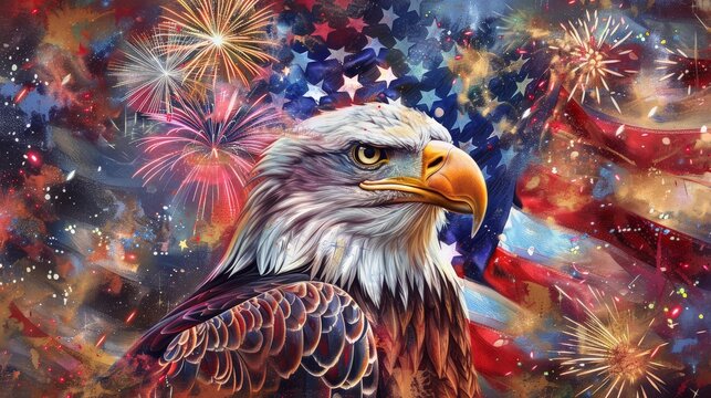 American Bald Eagle clipart with Fireworks and Flag - Powered by Adobe