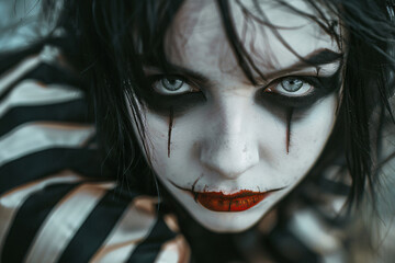 Close up of woman's face with creepy undead Pierrot Halloween costume makeup