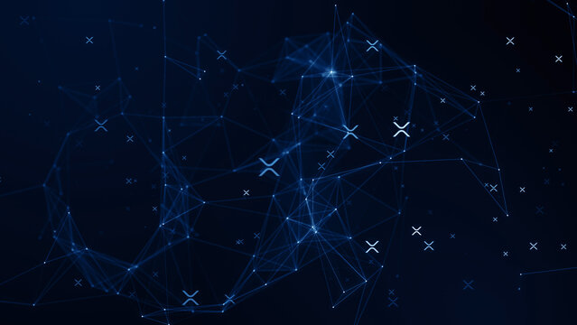 Cryptocurrency XRP coin digital technology blockchain business corporate particles background