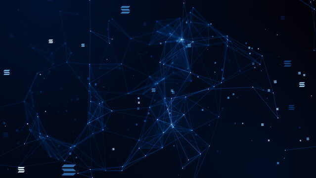 Cryptocurrency SOL solana coin digital technology blockchain business corporate particles background