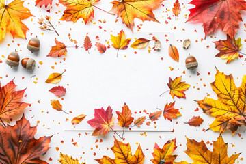 Autumn greeting card design with colorful leaves and acorns surrounding a blank white space