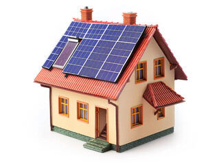 Miniature house model with solar panel on the roof. Isolated on white background. smart home energy saving concept