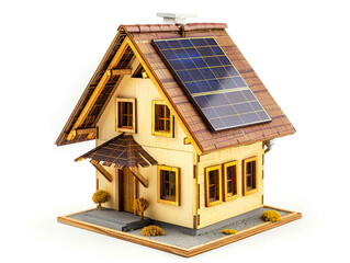 Miniature house model with solar panel on the roof. Isolated on white background. smart home energy saving concept