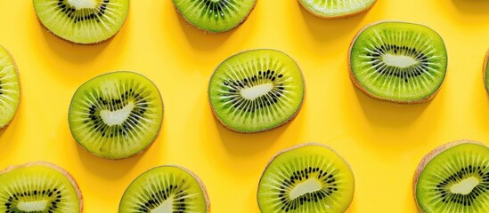 Fototapeta premium Juicy kiwi slices on a bright yellow backdrop create a fresh and vibrant summer vibe in a simple and modern arrangement with space for text or images. Copy space image