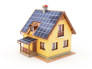 Miniature house model with solar panel on the roof. Isolated on white background. smart home energy saving concept