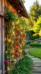 Fototapeta premium Wooden wall with flowers in the garden