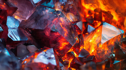 A close up of a pile of red and blue rocks with a fire burning in the background
