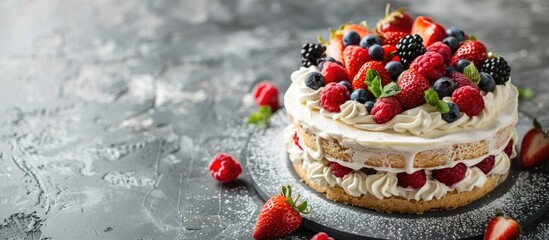 Naklejka premium Vanilla cake with berries and whipped cream on gray concrete backdrop perfect for summer Ideal for placing text or images on the side. Copy space image. Place for adding text and design