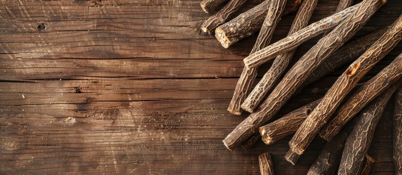Top down view of dried liquorice root sticks displayed on a wooden surface with room for text in the image. Copy space image. Place for adding text and design