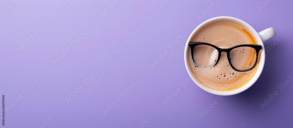 Wall mural coffee cup and black spectacles placed on a purple backdrop with empty space for text or images. cop