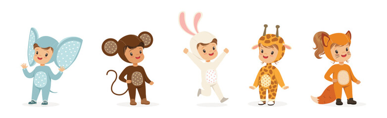 Kid Characters In Animal Costume Disguise at Masquerade Party Vector Set