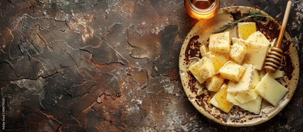 Wall mural Plate with delicious cheese slices and honey on a textured grunge backdrop with copy space image