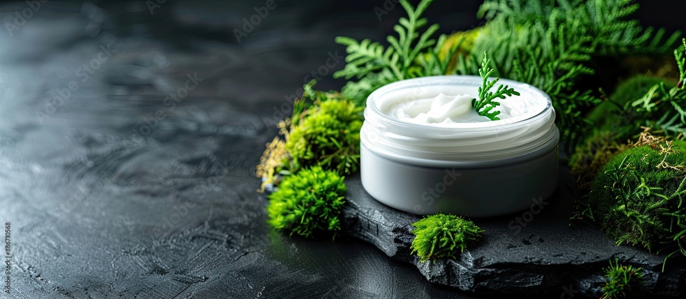 Sticker Jar of moisturizing cream on a black backdrop with moss and greenery illustrating a natural organic cosmetics concept with copy space image