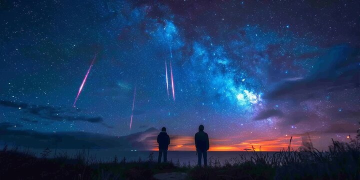 Stargazers watching meteor shower for National Astronomy Day, July 18th, clear night sky, telescopes, shooting stars