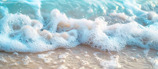 Fototapeta premium A serene beach backdrop with white sand water bubbles up close evoking a summer ambiance with copy space image