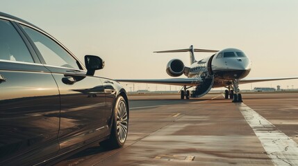 A black car is parked next to a jet on the tarmac