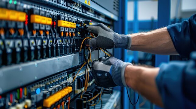 A man is working on a large electrical panel