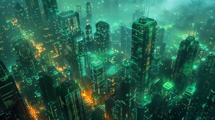 Futuristic Smart Cyber City illustration: Innovative Urban Landscape in Digital Circuitry, futuristic technology concept, Graphic Resources, Wallpapers, Brochure, Websites, banner design, Advertising,