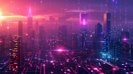 Obraz premium Futuristic Smart Cyber City illustration: Innovative Urban Landscape in Digital Circuitry, futuristic technology concept, Graphic Resources, Wallpapers, Brochure, Websites, banner design, Advertising,