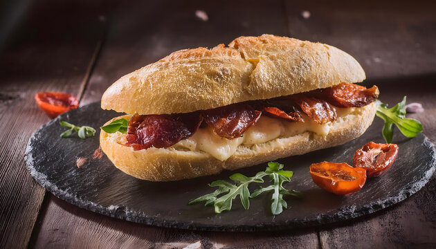 sandwich, speck, mediterran, k&auml;se, rucola, essen, neu, close up, schiefer, modern, makro, getrocknete, tomate, Pfeffer, salat, baguette, br&ouml;tchen, h&ouml;lzern, anlasser, lunch, werbetafel, gastronomie, ad