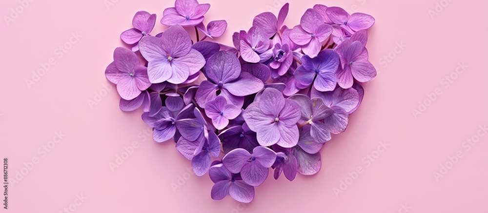 Sticker Purple lilac flower petals forming a heart shape on a pink background ideal for adding text or graphics in the central copy space image