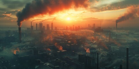 Urban smog crisis due to unchecked industrial emissions, affecting public health and quality of life