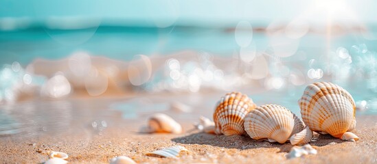 Beach with sea shells in a blurry copy space image