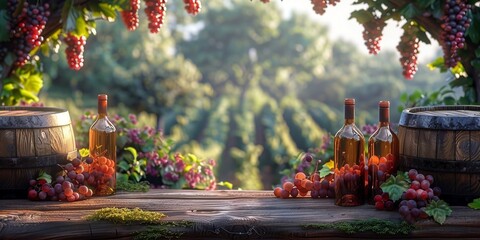Vineyard with wine bottles for National Wine Day, August 5th, scenic location, gourmet setup, vineyard ambiance