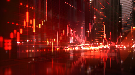 Close-up of a red stock chart reflecting economic downturn, with business risk copy space on a vibrant multilayer presentation slide.