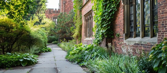 Fototapeta premium University campus featuring a brick wall facade with a lush green garden in the foreground providing a picturesque view for a copy space image