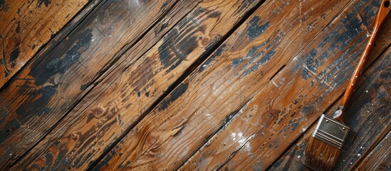 Wooden floor with a paintbrush and ample copy space image