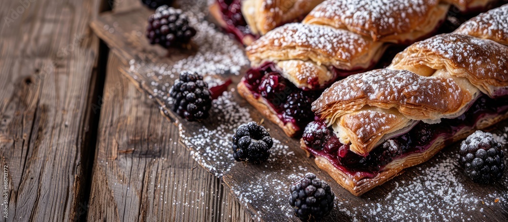 Canvas Prints Blackberry puff pastry dusted with sugar on a wooden backdrop with room for text or images. Copy space image. Place for adding text and design