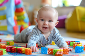 Adorable Baby Boy Playing with Colorful Blocks